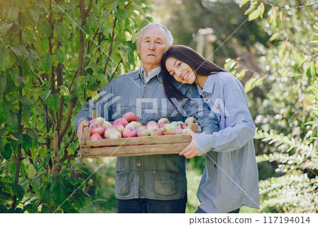 Senior with box of apple. Brunette in a blue shirt. Grandfather with grandaughter. 117194014