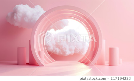 Dreamy Sky with Pink Arches and Fluffy Clouds 117194223