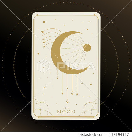 Tarot card of Major Arcana the Moon. Tarot card in golden and white colors. Tarot symbolism. Mystery, astrology, esoteric. Vector illustration Tarot card of Major Arcana the Moon. Tarot card in golden and white colors. Tarot symbolism. Mystery, astrology, esoteric. Vector illustration 117194367