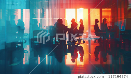 Silhouettes in Office Meeting Room at Sunrise Silhouettes in Office Meeting Room at Sunrise 117194574