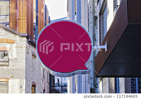 Empty wall sign AD board mockup hung on business facade. Outdoor store signage blank template for branding 117194605