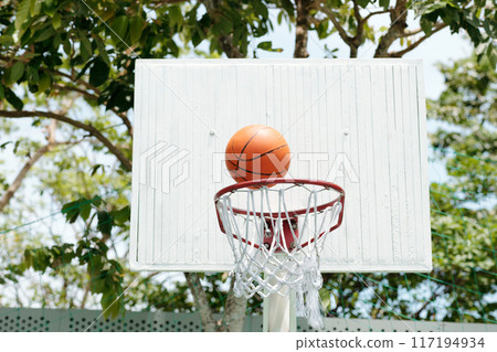 Basketball Hoop with Ball Going Through Net Outdoors Basketball Hoop with Ball Going Through Net Outdoors 117194934
