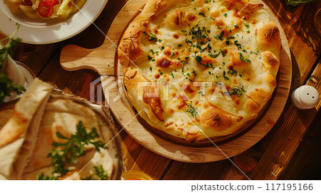 Sunlit Cheese Pizza with Perfectly Baked Golden Crust 117195166