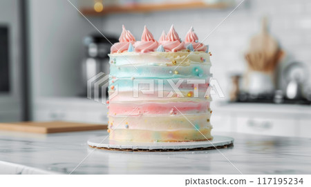 Pink Drip Cake with Colorful Sprinkles in Kitchen Pink Drip Cake with Colorful Sprinkles in Kitchen 117195234
