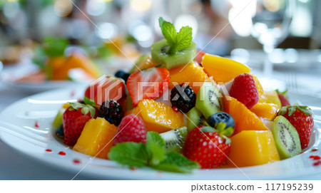 Colorful Fresh Fruit Salad with Mint Detail 117195239