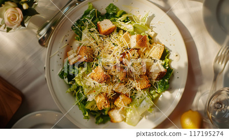 Healthy Mixed Green Salad with Croutons and Cherry Tomatoes 117195274