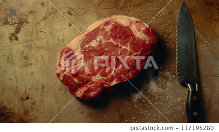 Raw Steak with Knife and Garlic on Butcher Paper 117195280
