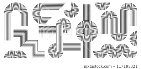 Zen arch set, simple line arch and shapes. Geometric Japanese zen pattern minimal elements. Boho style strips, Zen arch set, simple line arch and shapes. Geometric Japanese zen pattern minimal elements. Boho style strips, 117195321