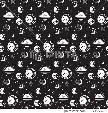 Seamless neo folk patterns with moon, cloud, sun and stars, black and white celestial design. Set Neo folk style endless backgrounds perfect for textile design. 117195325