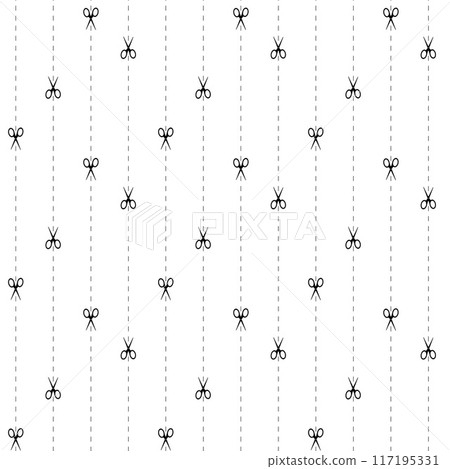 Cut here seamless pattern. Vector scissors with dotted lines, paper cut here seamless pattern for ticket, coupon, promo code. 117195331