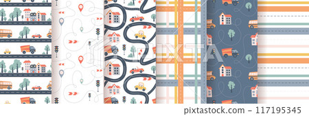 Kids seamless pattern with car, bus and road. Perfect for fabric , digital paper, cards. Kids seamless pattern with car, bus and road. Perfect for fabric , digital paper, cards. 117195345