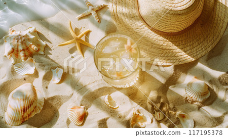 unny Beachside Relaxation with Refreshing Drinks and Seashells 117195378