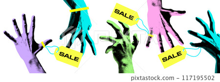 Banner. Contemporary art collage. Colorful hands holding yellow coupons with inscriptions sale against white background. Vintage style. 117195502