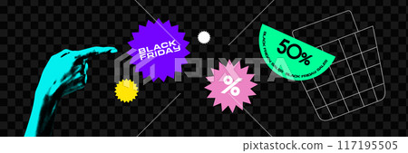 Banner. Contemporary art collage. Blue hand pointing on colorful starburst with discounts, sales signs against black background. Vintage style. 117195505