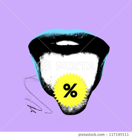 Poster. Contemporary art collage. Blue mouth with vivid yellow starburst on tongue with discount, percent sign. Vintage style. 117195511