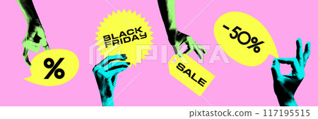 Banner. Contemporary art collage. Hands holds coupons, speech bubbles and starbursts in yellow spelling about start of sales season. Vintage style. Banner. Contemporary art collage. Hands holds coupons, speech bubbles and starbursts in yellow spelling about start of sales season. Vintage style. 117195515