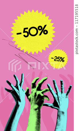 Poster. Contemporary art collage. Colorful hands reaching to yellow stars with sales percent's against pink background. Vintage style. Poster. Contemporary art collage. Colorful hands reaching to yellow stars with sales percent's against pink background. Vintage style. 117195518