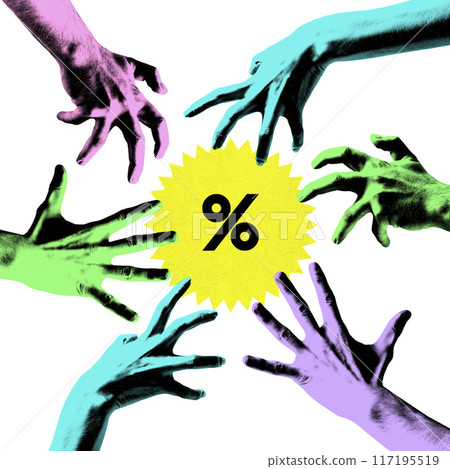 Poster. Contemporary art collage. Colorful hands reaching to yellow circle with percent sign against white background. Vintage style. Poster. Contemporary art collage. Colorful hands reaching to yellow circle with percent sign against white background. Vintage style. 117195519