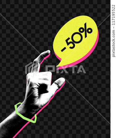 Banner. Contemporary art collage. Hand gestures towards speech bubble saying minus fifty percent. Vintage style. Banner. Contemporary art collage. Hand gestures towards speech bubble saying minus fifty percent. Vintage style. 117195522