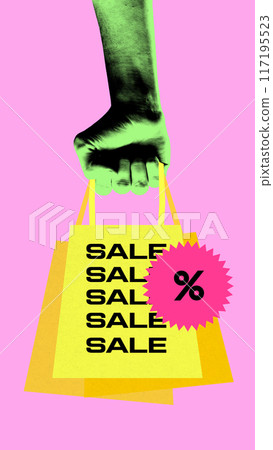 Poster. Contemporary art collage. Green hand holding vibrant packages with worlds sale and percent sign in circle against pink background. Vintage style. 117195523