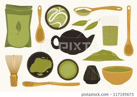 Cartoon matcha. Green tea powder in ceramic bowl, traditional japanese tea ceremony concept with teapot, matcha leaves and whisk. Vector isolated set 117195673