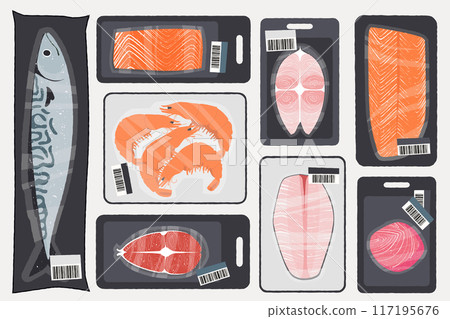 Frozen seafood package. Cartoon plastic trays vacuum bags with fish prawns squid octopus, supermarket grocery storage products with polyethylene film wrap. Vector sea products isolated set 117195676