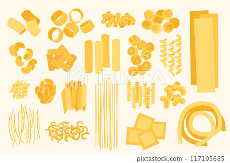 Cartoon pasta types. Hand drawn doodle macaroni and spaghetti ingredients for cooking, Italian cuisine gourmet food elements. Classic Italian pasta for restaurant menu vector isolated set 117195685