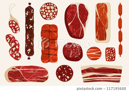 Cartoon meat products. Doodle bbq pork beef poultry salami frankfurters sausages, delicatessen dried meat. Fresh farm ribs and steak, bacon and barbecue butchery product menu vector isolated set Cartoon meat products. Doodle bbq pork beef poultry salami frankfurters sausages, delicatessen dried meat. Fresh farm ribs and steak, bacon and barbecue butchery product menu vector isolated set 117195688