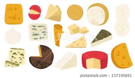 Cartoon cheese. Dairy food, fresh farm cheese organic gourmet appetizer, fresh organic milk product for breakfast snack. Cheddar piece and parmesan slice edam and gouda. Vector tasty healthy meal set 117195691