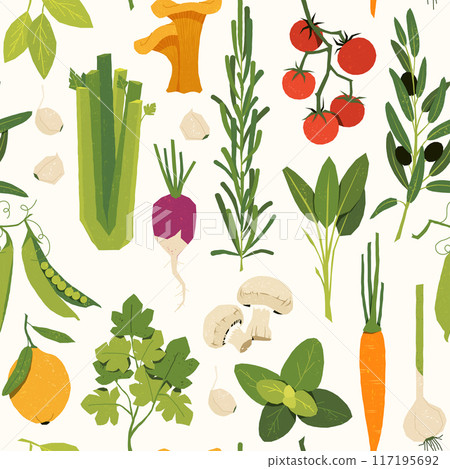 Italian herbs pattern. Seamless print of Mediterranean vegetables and farm plants with basil parsley rosemary chili garlic onion tomato, leafy plants. Vegan food, mix salad ingredients vector texture Italian herbs pattern. Seamless print of Mediterranean vegetables and farm plants with basil parsley rosemary chili garlic onion tomato, leafy plants. Vegan food, mix salad ingredients vector texture 117195692