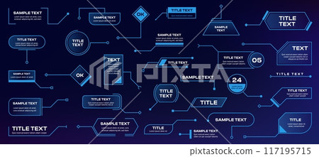 Callout shapes. Futuristic infographic elements with hologram labels, sci fi tech radar menu callout buttons and frames. Vector infographics elements collection. HUD information chart, title layout Callout shapes. Futuristic infographic elements with hologram labels, sci fi tech radar menu callout buttons and frames. Vector infographics elements collection. HUD information chart, title layout 117195715