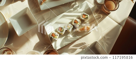Elegant Sushi Selection on White Ceramic Plate Elegant Sushi Selection on White Ceramic Plate 117195816