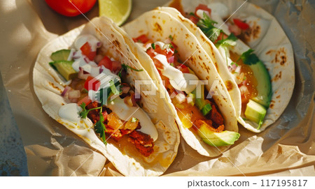 Fresh Tacos with Colorful Toppings on Sunny Day Fresh Tacos with Colorful Toppings on Sunny Day 117195817