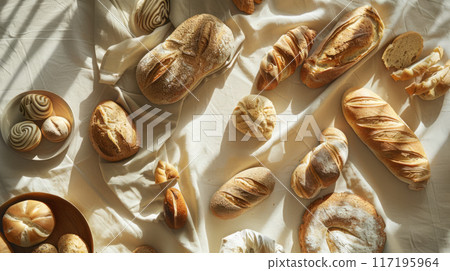 Artisan Sourdough Loaves on Baking Linen 117195964