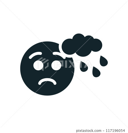 Sad emoticon suffering from depression with raining cloud over his head Sad emoticon suffering from depression with raining cloud over his head 117196054