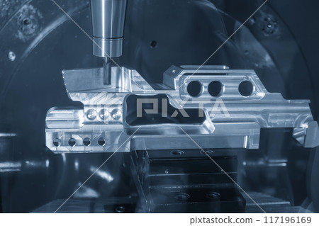 The 5-axis machining center cutting aerospace parts with solid ball nose end mill tool in the light blue scene. The 5-axis machining center cutting aerospace parts with solid ball nose end mill tool in the light blue scene. 117196169
