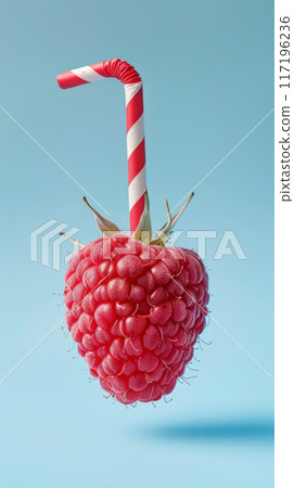 Creative Raspberry with Striped Straw on Blue Background 117196236