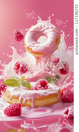 Dynamic Pink Doughnut with Raspberries Splashing 117196252