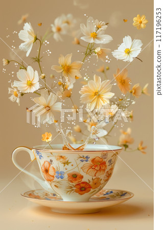 Floating Cosmos Flowers Around Vintage Floral Tea Cup 117196253