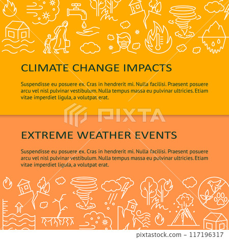Climate change impacts and events banner 117196317