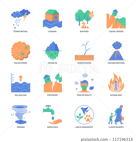 Global warming impact flat icon set 117196318