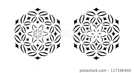 Set of Decorative Geometric Radial Patterns in Hexagon Shape. 117196400