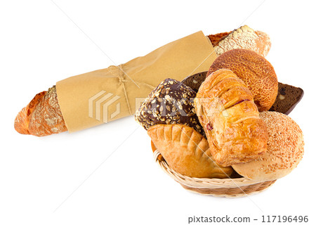 Pastries,baguette, buns and bread Isolated on a white. Free space for text. Collage. 117196496