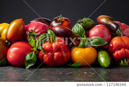 Different varieties of tomatoes and basil leaves. Different varieties of tomatoes and basil leaves. 117196569