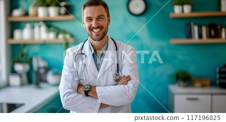 Happy Young Doctor in Modern Medical Office. Cheerful young male doctor smiling with arms crossed, wearing white coat and stethoscope, standing in a bright, modern medical office. Banner copy space 117196825