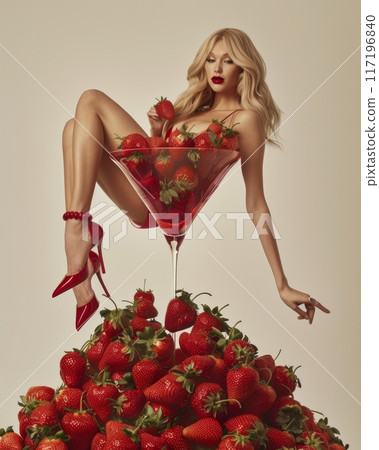 Woman in red heels sitting in giant cocktail glass filled with strawberries. Conceptual studio photography. Strawberry and luxury lifestyle concept Woman in red heels sitting in giant cocktail glass filled with strawberries. Conceptual studio photography. Strawberry and luxury lifestyle concept 117196840