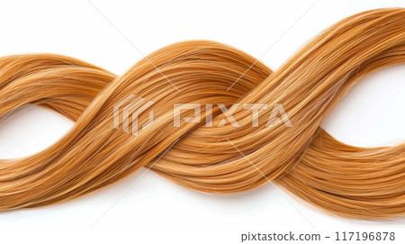 Ginger Hair Strands in Infinity Symbol. Close-up of ginger hair strands arranged in an infinity symbol shape on a white background. 117196878