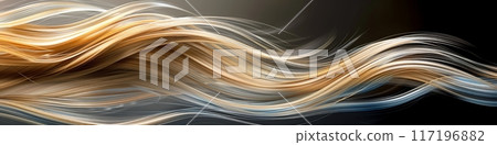 Flowing Blonde Hair Strands in Motion. Dynamic close-up of flowing blonde hair strands in motion, showcasing the silky and smooth texture. Banner with copy space 117196882