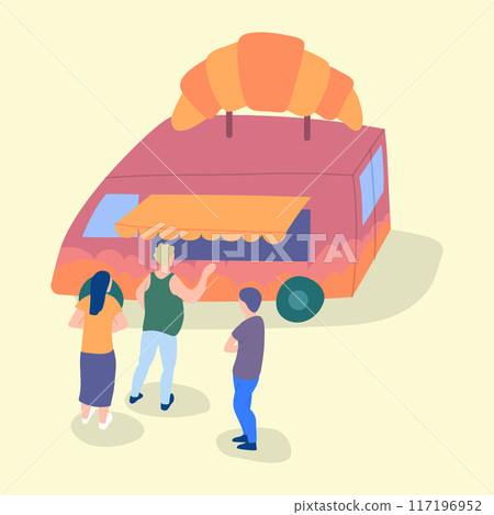 Cartoon Color Characters People and Bakery Street Food Caravan Trailer Concept Flat Design Style. Vector illustration 117196952