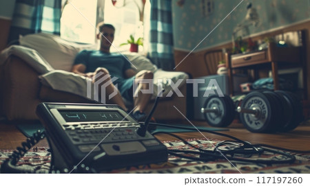close-up of an electrocardiogram machine with its cords, situated on the floor of a home gym. An athlete is seated in the background, relaxing after a workout. close-up of an electrocardiogram machine with its cords, situated on the floor of a home gym. An athlete is seated in the background, relaxing after a workout. 117197260